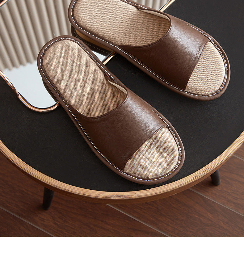 Leather Slippers for Women Linen Footbed Indoor Non Slip Summer Slides