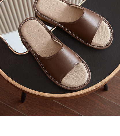 Leather Slippers for Women Linen Footbed Indoor Non Slip Summer Slides