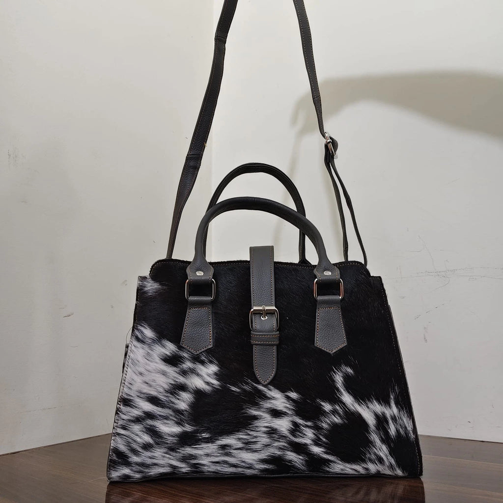 Black white cowhide leather tote bag