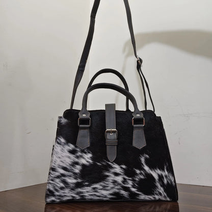 Black white cowhide leather tote bag