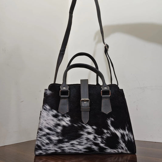 Black white cowhide leather tote bag