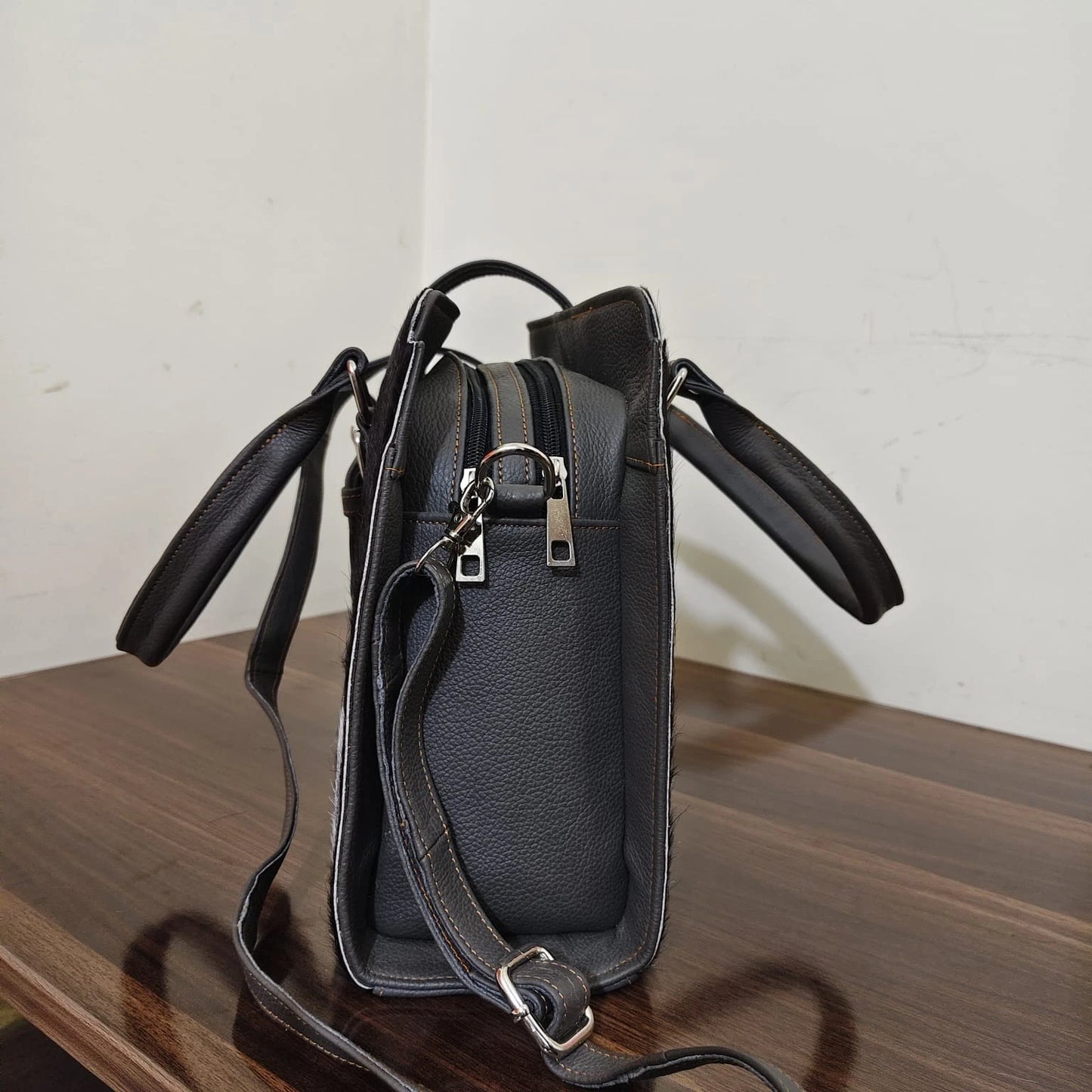 Black white cowhide leather tote bag