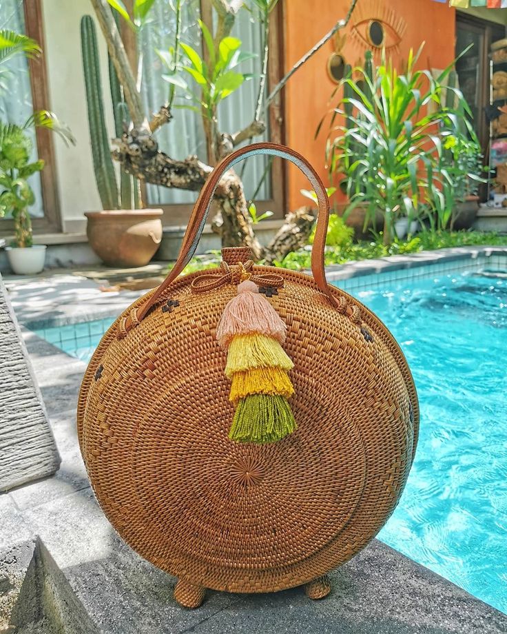 Round Rattan Bag With Handles