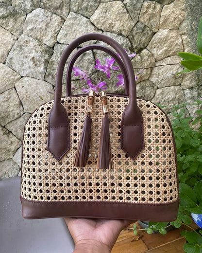 Cane Leather And Rattan Handbag