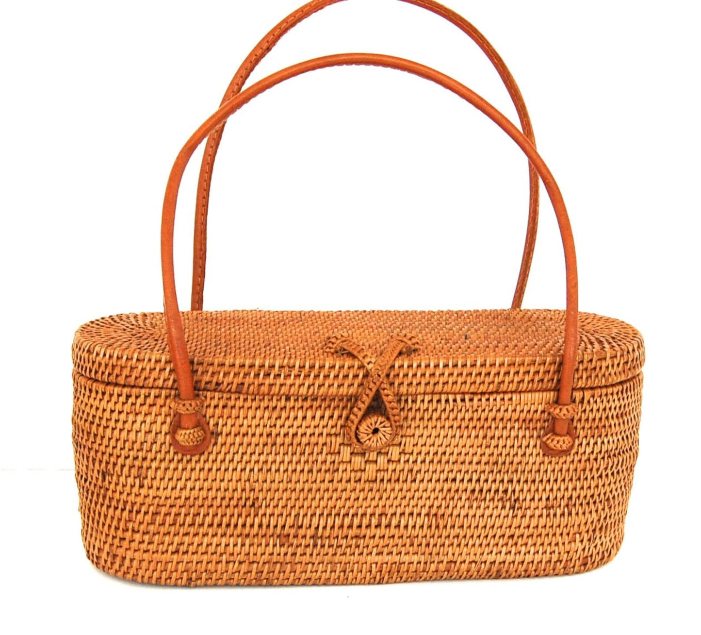 Oval Rattan Handbag with Leather Straps