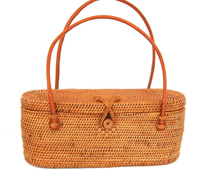 Oval Rattan Handbag with Leather Straps