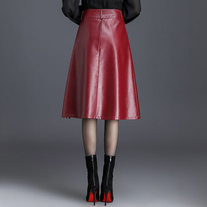 High Waist Faux Leather Midi Skirt A Line Women's