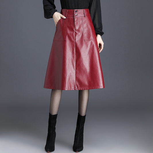 High Waist Faux Leather Midi Skirt A Line Women's