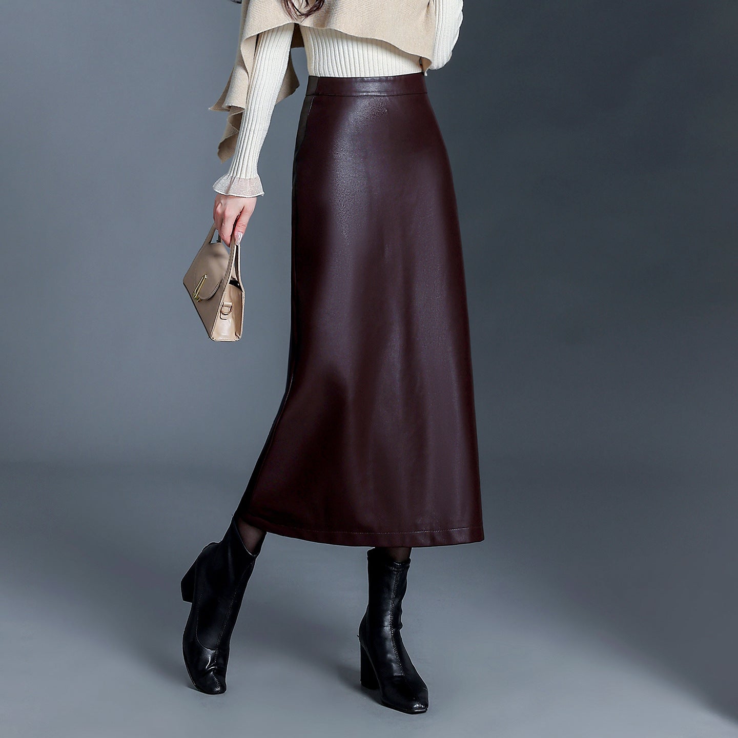 Long Leather Skirt Slim Fit PU Leather Midi Skirt