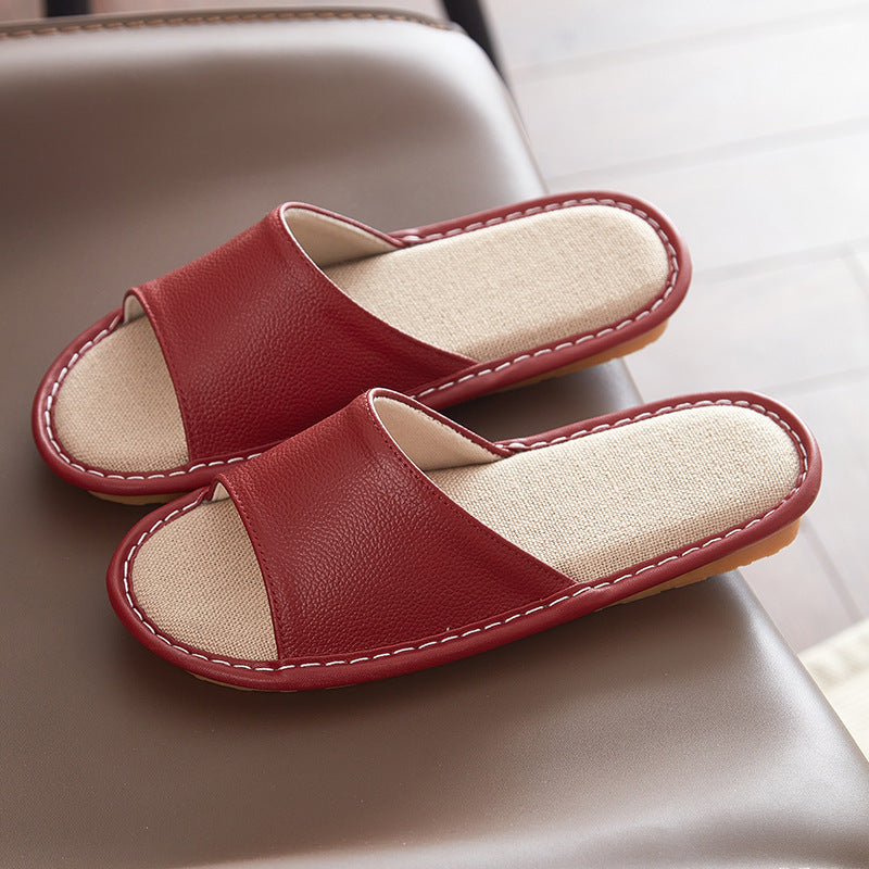 Leather Slippers for Women Linen Footbed Indoor Non Slip Summer Slides