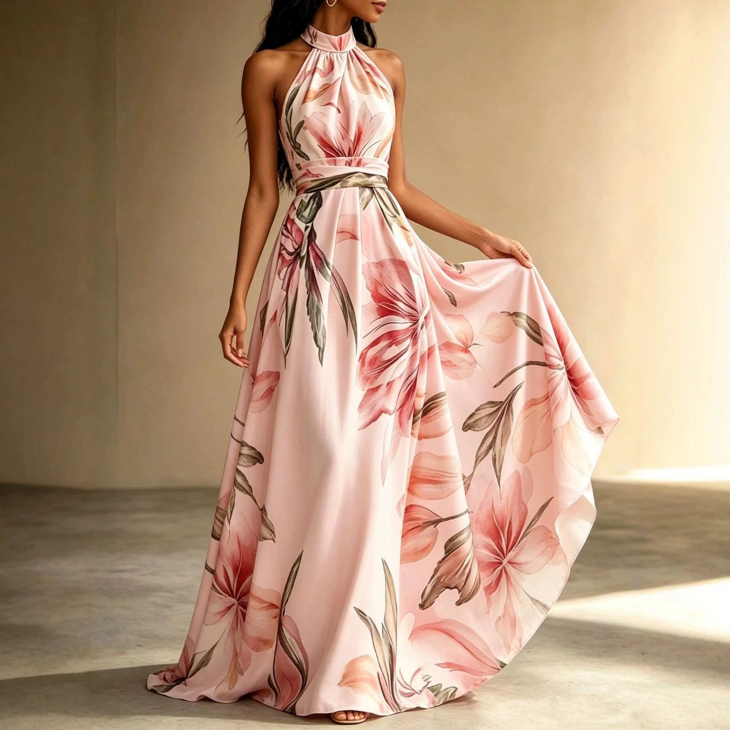 Women's floral halter maxi dress with open back