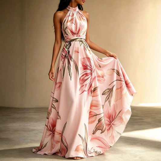 Women's floral halter maxi dress with open back
