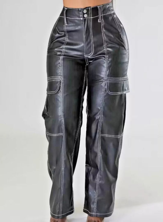 Leather Cargo Black Pants Women's