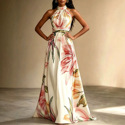 Women's floral halter maxi dress with open back