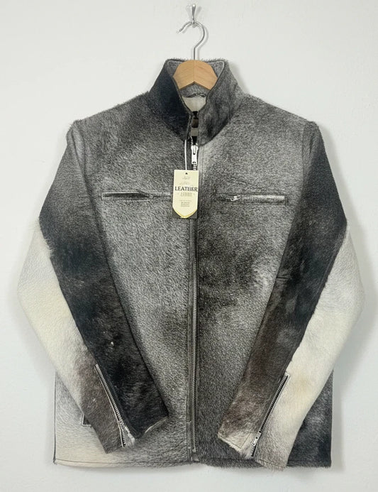 Grey cowhide hair-on leather jacket for men cow print coat