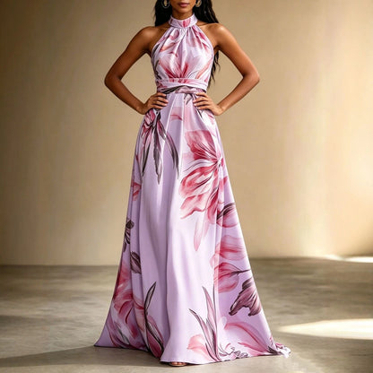 Women's floral halter maxi dress with open back