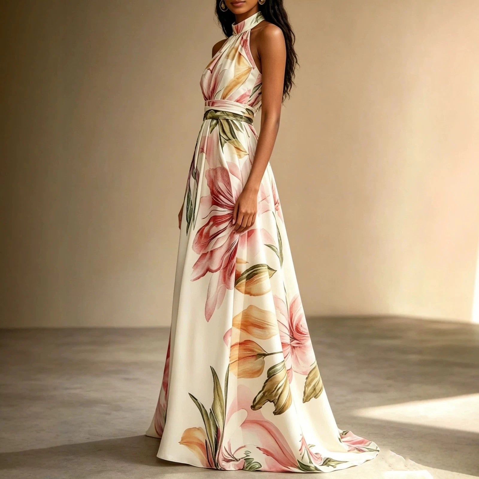 Women's floral halter maxi dress with open back