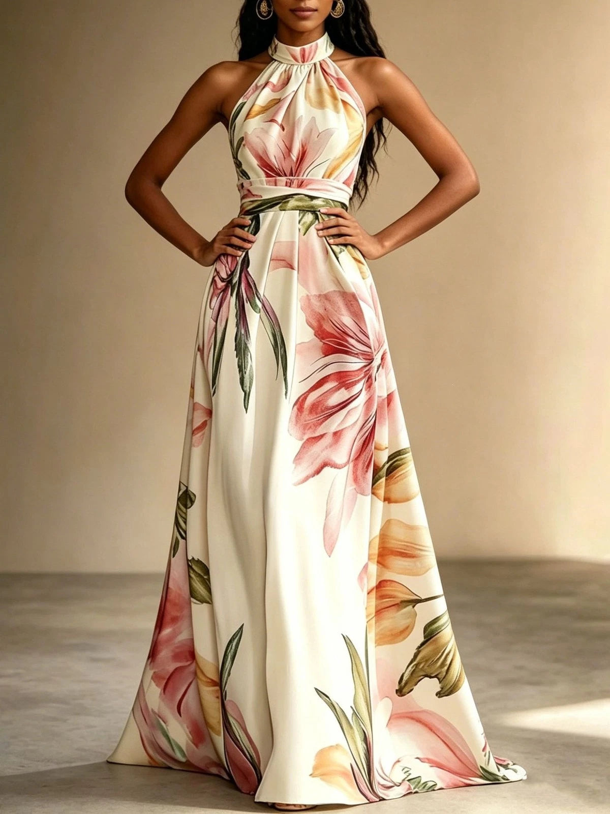 Women's floral halter maxi dress with open back