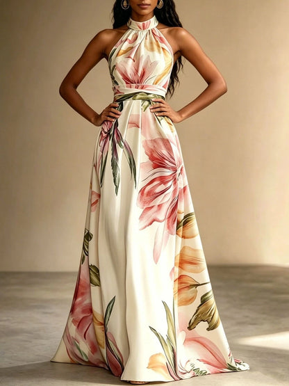 Women's floral halter maxi dress with open back