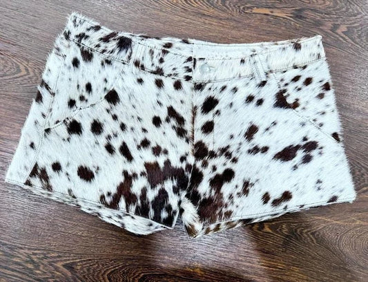 Cow print hair on cowhide mini shorts