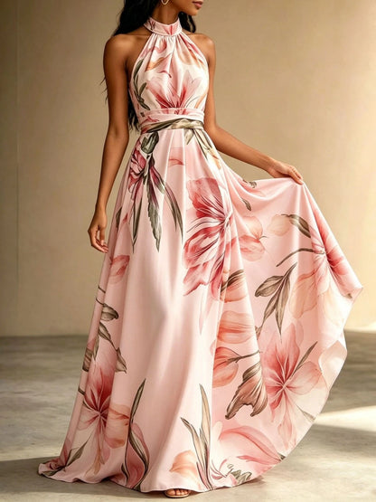 Women's floral halter maxi dress with open back
