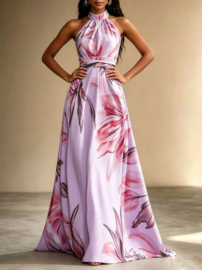 Women's floral halter maxi dress with open back