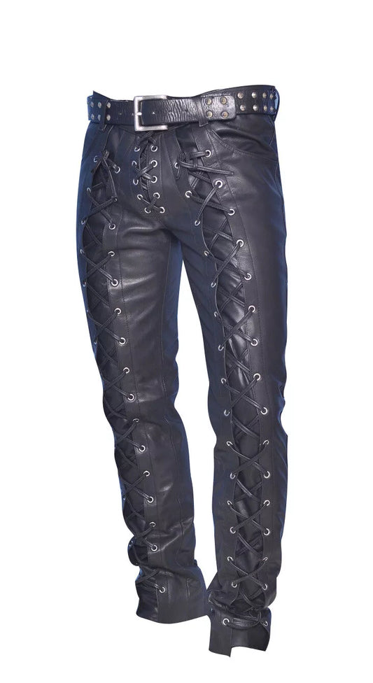 biker leather lace-up pants