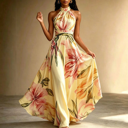 Women's floral halter maxi dress with open back