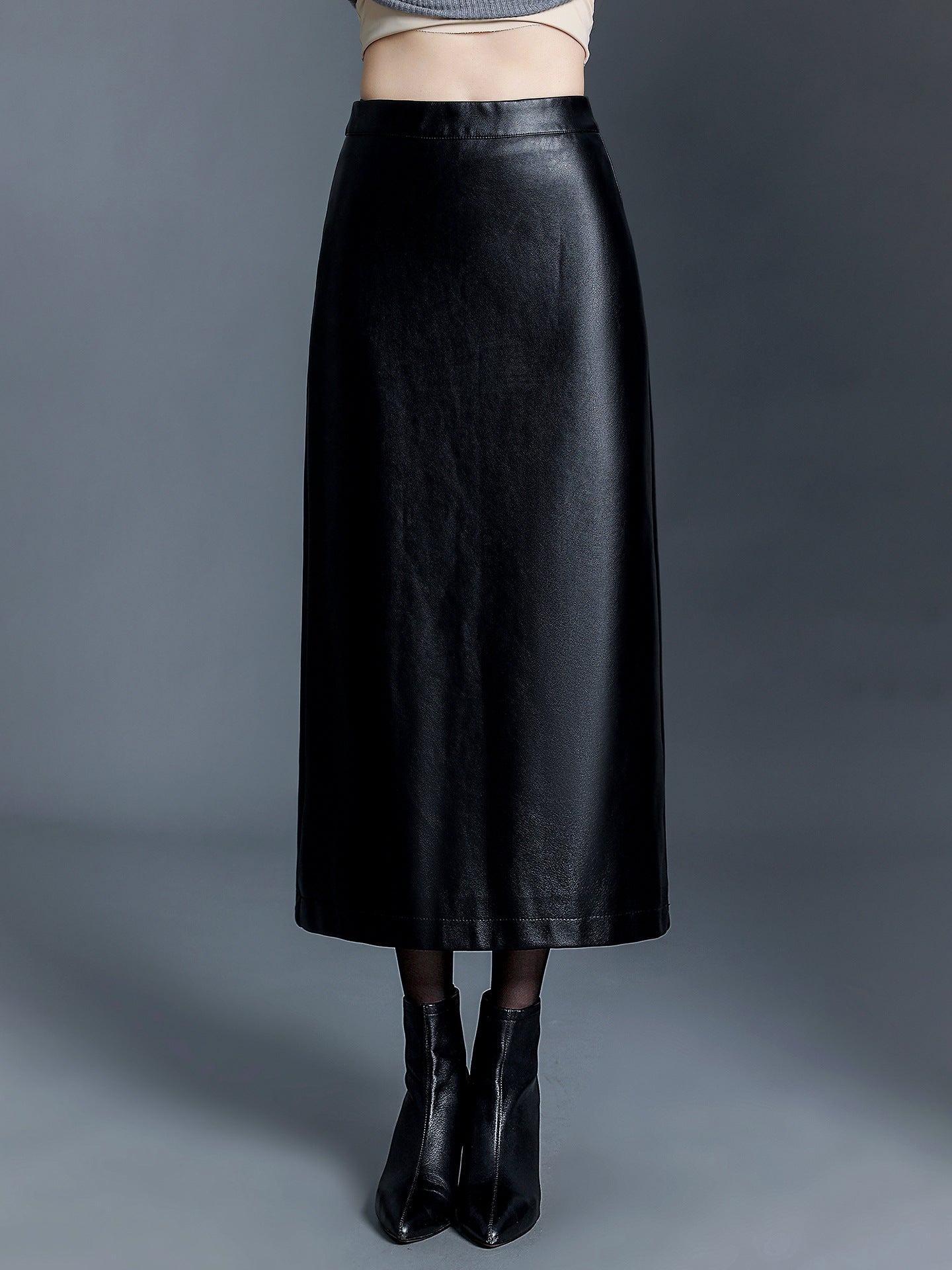Long Leather Skirt Slim Fit PU Leather Midi Skirt