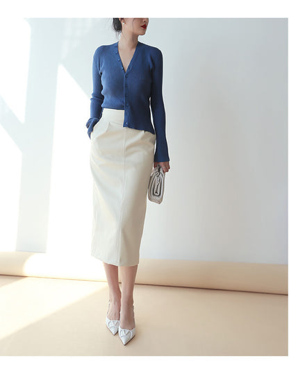 High Waist Faux Leather Midi Pencil Skirt With Back Slit