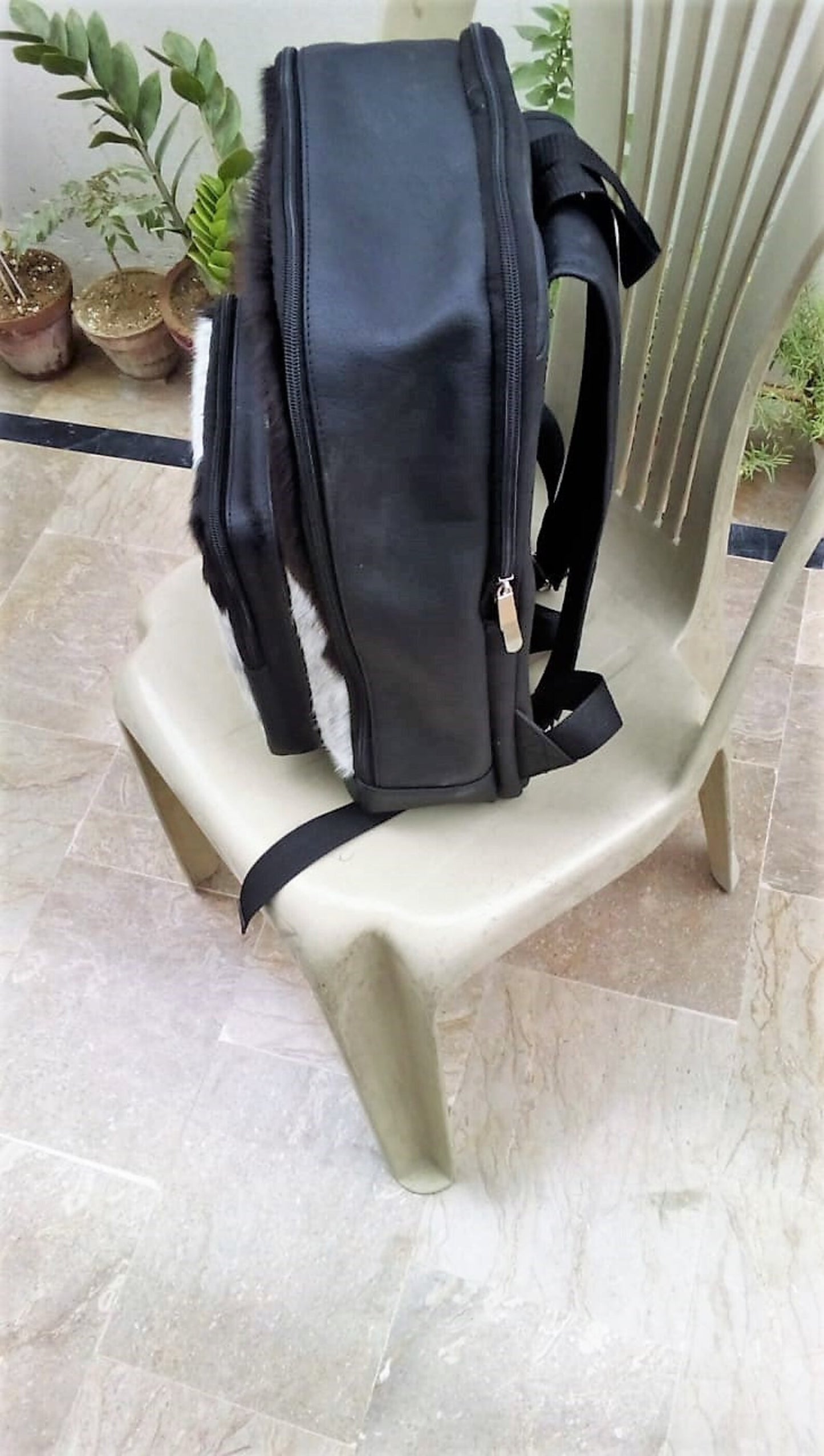 Mini Cowhide Backpack Black White Compact Leather Bag