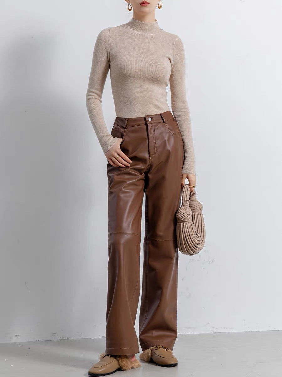 Women's High Rise Brown Wide Leg Leather Pants
