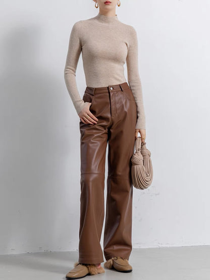 Women's High Rise Brown Wide Leg Leather Pants