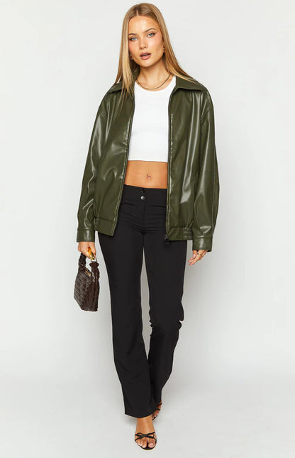 Olive Green Faux Leather Jacket Women Relaxed Zip Front