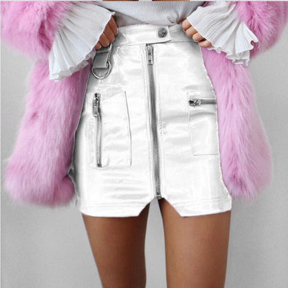 Glossy pink faux leather zipper pocket mini skirt