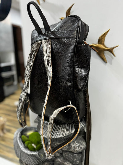 Cowhide Fringe Backpack Black White Leather Travel Bag