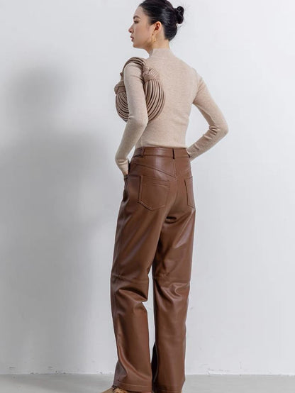 Women's High Rise Brown Wide Leg Leather Pants