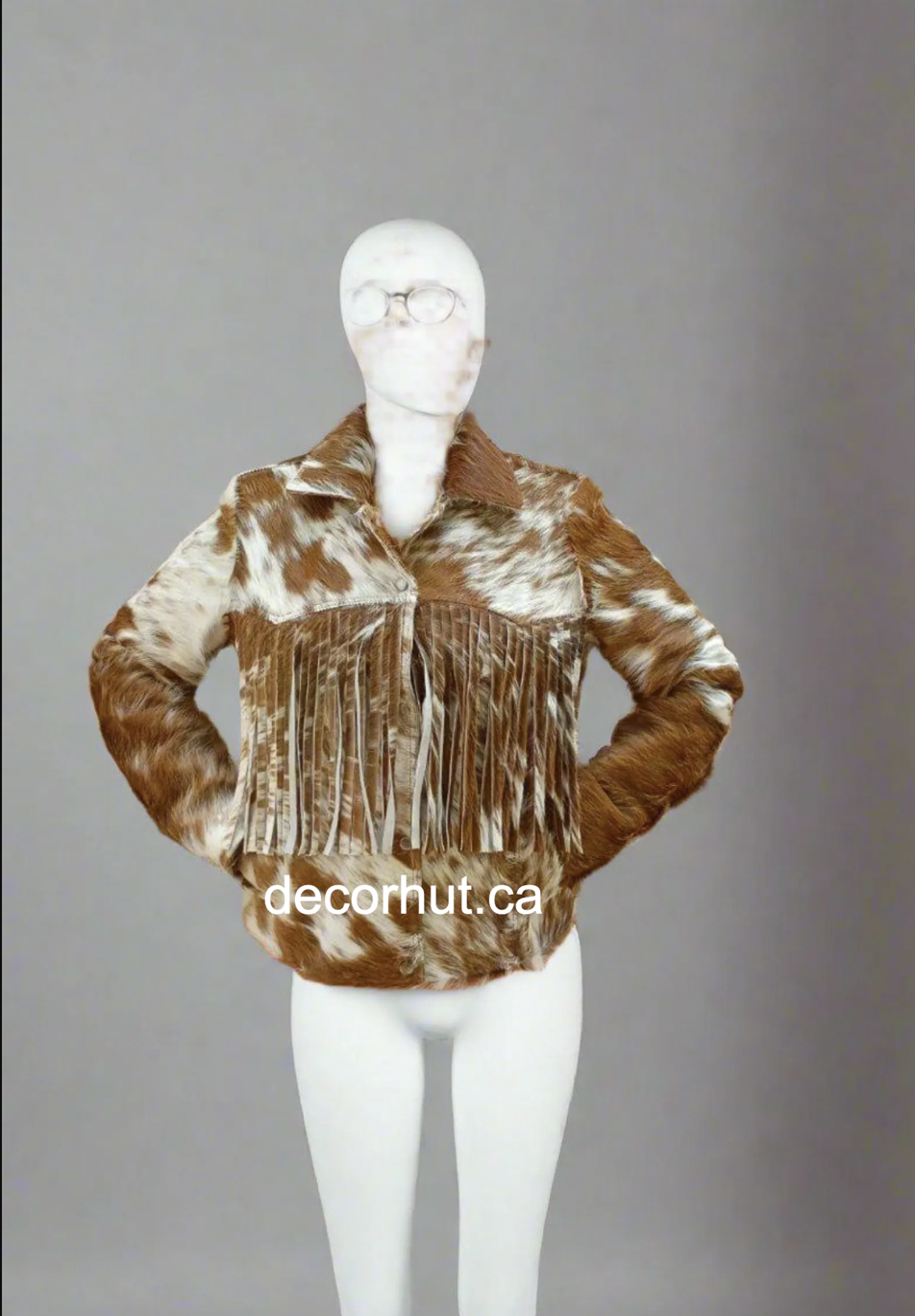 Women Cowhide Fringe Fur Jacket Brown and White Cow Skin Coat