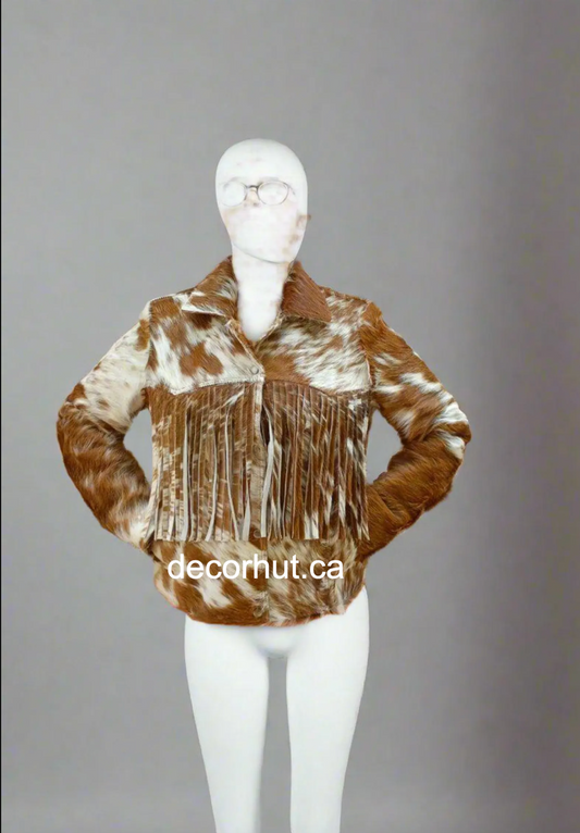 Women Cowhide Fringe Fur Jacket Brown and White Cow Skin Coat