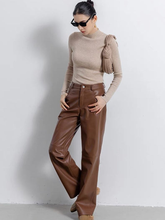 Women's High Rise Brown Wide Leg Leather Pants