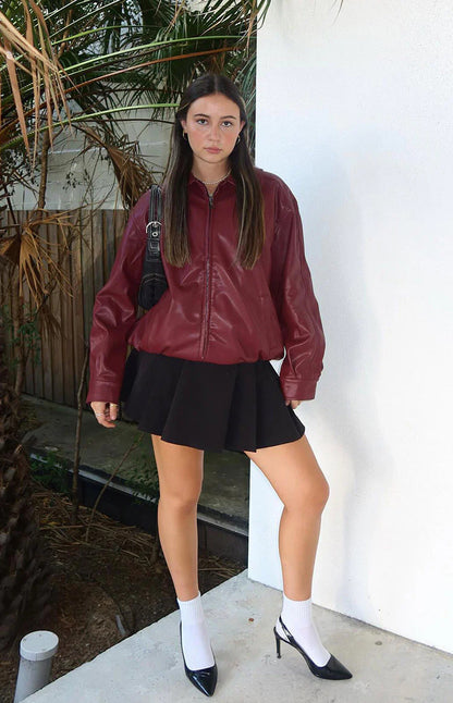 Women's Burgundy Oversized Leather Jacket Loose Fit Zip Bomber