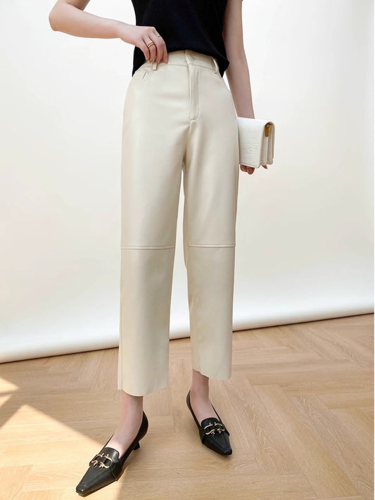 Women faux leather straight leg cropped pants with clean lines, high waist fit, and smooth PU finish designed for modern daily wear.