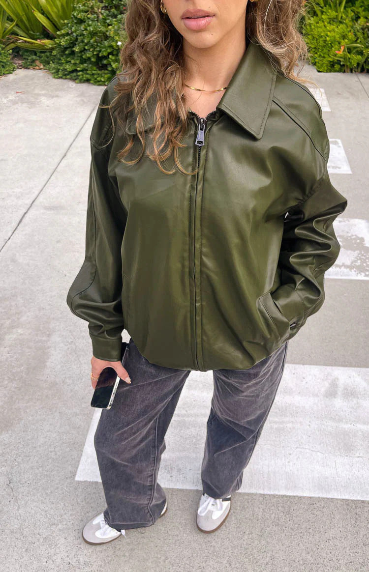 Olive Green Faux Leather Jacket Women Relaxed Zip Front