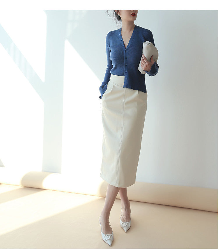 High Waist Faux Leather Midi Pencil Skirt With Back Slit