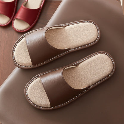 Leather Slippers for Women Linen Footbed Indoor Non Slip Summer Slides