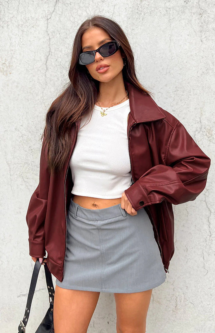 Women's Burgundy Oversized Leather Jacket Loose Fit Zip Bomber