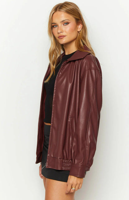 Women's Burgundy Oversized Leather Jacket Loose Fit Zip Bomber
