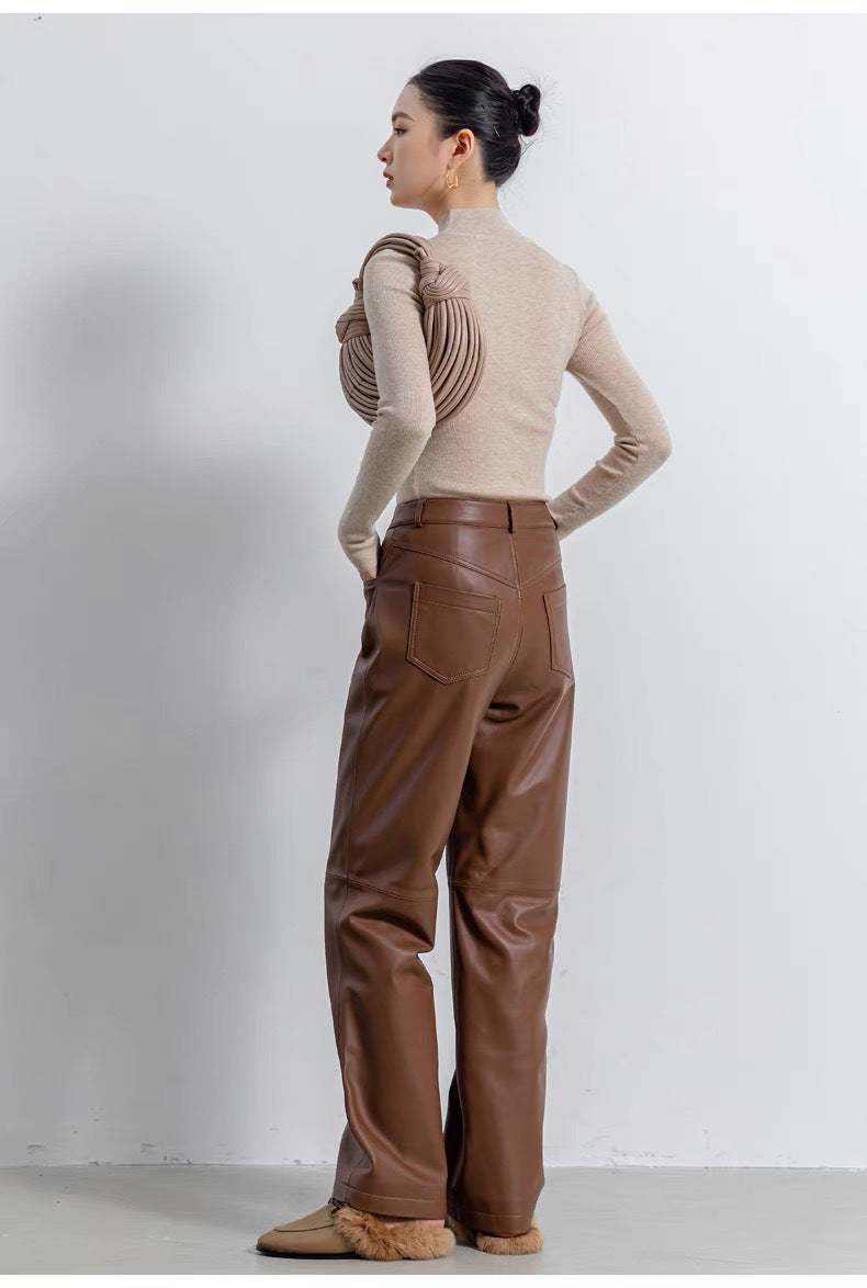 Women's High Rise Brown Wide Leg Leather Pants