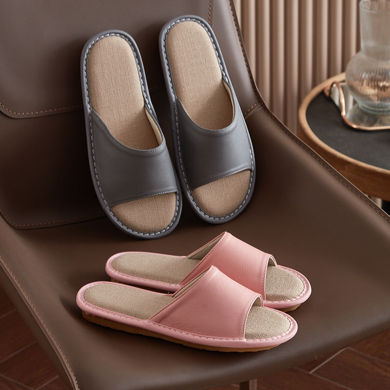 Leather Slippers for Women Linen Footbed Indoor Non Slip Summer Slides