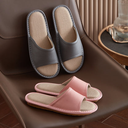 Leather Slippers for Women Linen Footbed Indoor Non Slip Summer Slides